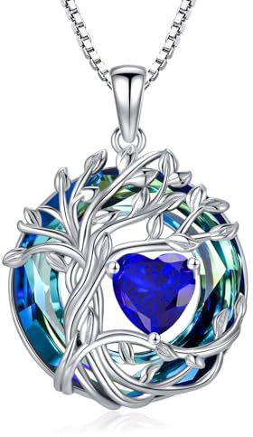 TOUPOP Tree of Life Sapphire September Birthstone Necklace Sterling Silver Birthstone Heart Pendant Celtic Family Irish Jewellery Gifts for Women Her Mum Wife Ladies Anniversary Birthday Gift