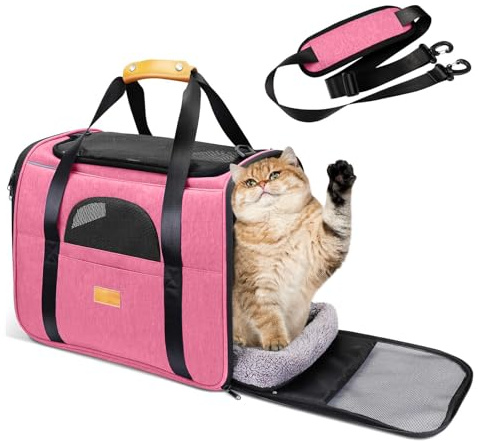 PETCUTE Transportbox Katze,Faltbar Katzen Transportboxen mit Abnehmbare Matte,Atmungsaktiv Hundetragetasche mit Einstellbar Schultergurt,Katzenbox für Katzen Kleiner Hund Welpe,Airline Zugelassen