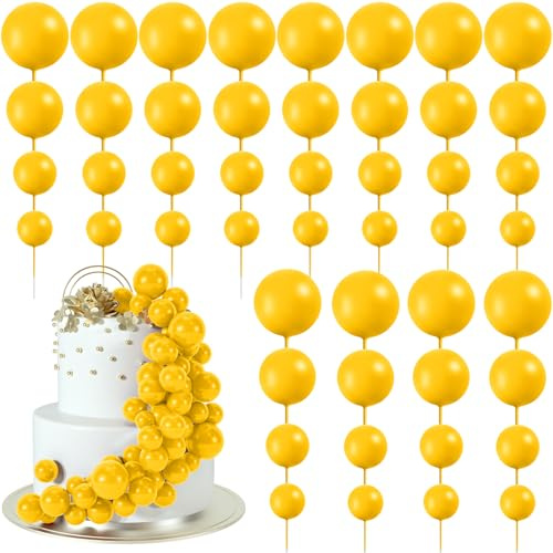 BOUBONI 48 Pcs Yellow Cake Topper Decorations - Balloon Cupcake Toppers Foam Cake Balls for Birthday Party, Wedding Anniversary Cake Decorating