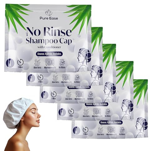 PureEase Shampoo Cap No Rinse - Shampoo Caps No Rinse for Elderly - Easy to Use Hair Washing Aids for Disabled - Hair Wash Caps No Water Rinse Free Contains Aloe Vera (Pack of 5)