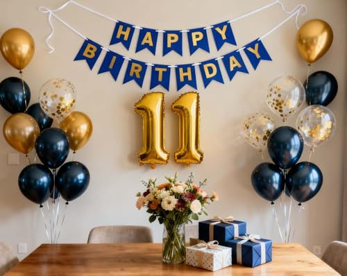 11.Geburtstag Dekorationen Junge, Geburtstagsdeko 11 Jahr, 11. Geburtstag Party Deko Ballon, Luftballons 11. Metallic Gold Marineblau Dekorationen, 11 Jahre Kind Deko(11)