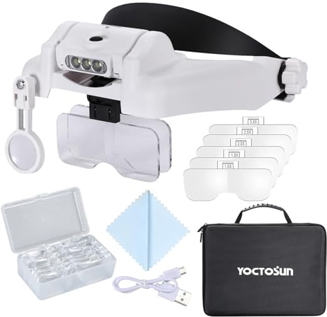 YOCTOSUN Magnifying Glasses with Light 1X-14X, Rechargeable LED Headband Magnifier with 6 Lenses and Storage Case, Hands Free Head Magnifying Visor for Close Work, Sewing, Crafts,Jewelry