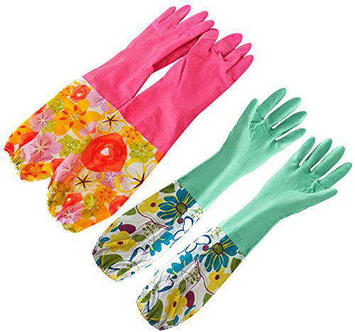 minkissy 2 Pair Non-slip Kitchen Cleaning Gloves Waterproof Dishwashing Mittens Elastic Length Print Lightweight Comfortable for Household Tasks Random Style