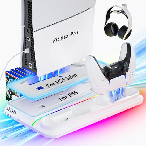 PS5/slim Stand,Playstation 5 Slim Cooling Station with Dual Hard PS5 Controller Charger 3 Quiet Level Fan,3 USB Hub Fast Charge 9 RGB Light Drive for All Version Disc & Digital Console(Upgraded)