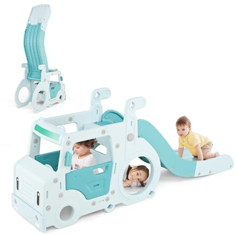 COSTWAY 3 in 1 Scivolo per Bambini, Scivolo Pieghevole con Casa Giocattolo a Forma di Autobus, Corrimano Rialzati, Volante Simulato e Leva di Comando, per Bambini 18 Mesi +, 204x45,5x82 cm