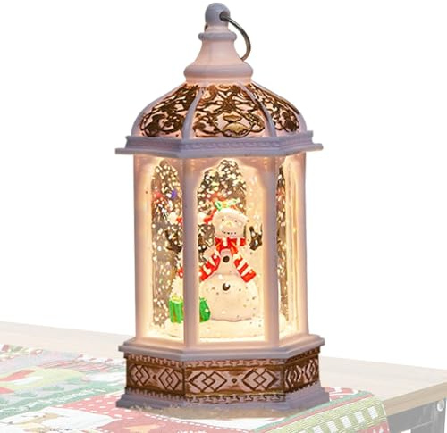 Hexagonal Snow Globe Lantern - Battery Operated LED Wind Lamp | Light Up Glitter Centerpiece for Fireplace, Porch, Window Sill - Decorative Winter Table Decor