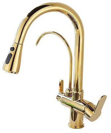 FQYEP Wasserhahn mit Ausziehbarer Brause Spültischarmatur Küche 3 Wege Wasserhahn 360° Drehung Heißes und Kaltes Wasser Osmoseanlage Gold