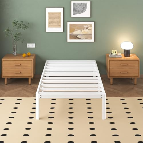 Lutown-Teen metallsäng 80 x 190 cm med runda ben, 36 cm höjd, sängram, enkelsäng med ribbotten, vit