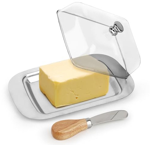 VMUTGA Burriera, Porta Burro in Acciaio Inossidabile Burriera Trasparente con Coperchio e Manico Scatola Burro da Frigorifero Burriera Plastica per Formaggio Torte Dolci Frutti Cucina Accessori