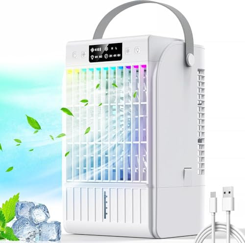 Portable Air Conditioners,1500 ML Portablel Air Cooler, 4 Wind Speeds& 2 Spray Modes Evaporative Air Cooler,Personal Cooling Fan with 2-6H Timer& 7 Color Night Light,Suitable for Home Office (White)