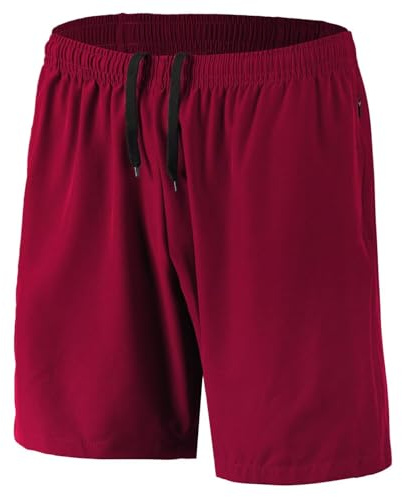 HMIYA Herren Sport Shorts Schnell Trocknend Kurze Hosen mit Reißverschlusstaschen (Rot L)