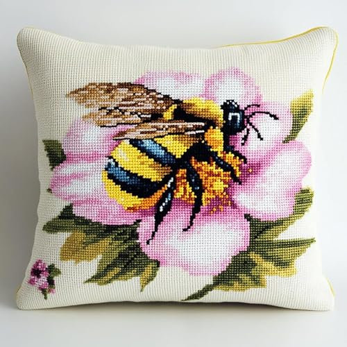 XDEGHUANGSS Latch Hook Kit Komplettset,Knüpfset für Kissen,43x43 cm,mit Garn & Werkzeug,Webrahmen DIY Starterpaket für Erwachsene,Einfaches Handarbeit-Projekt,Bienenblumen