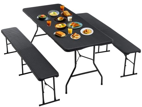 Bierzeltgarnitur klappbar 3-teilig Set, 180x70cm Kunststoff Campingtisch Gartentisch für bis zu 8 Personen, Schwarz