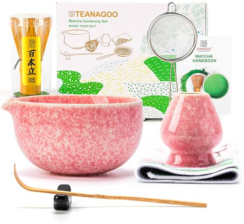TEANAGOO Matcha Set, 7-tlg., Geradwandige Schale, Rosa Weiß Marmoriert | Inklusive Whisk, Sieb, Schaufel, Besenhalter, für Tee-Zeremonie, Keramik & Bambus, Geradwandig Rosa Weiß Marmoriert