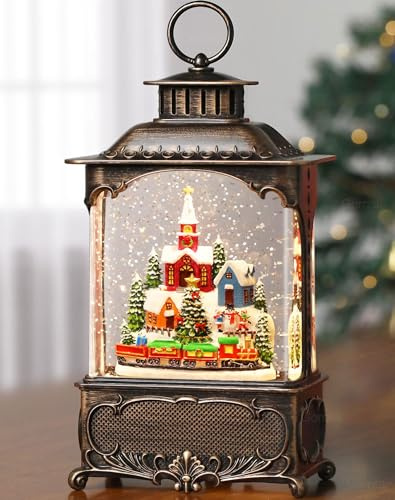 Gorrzai Christmas Snow Globes Village Snow Globe Lantern, Lighted Christmas Decorations Indoor with Music Timer Swirling Glitter, Light Up Musical Church Train Mountain Decor, USB or Battery Operated