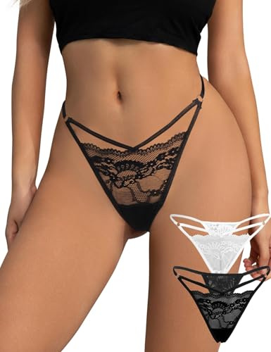 ohmydear String tanga sexig tunn spets tangas för kvinnor mini G-string t-back trosor stora storlekar G-string underkläder stringtrosor kvinnor erotiska mini string trosor för sex, 2-pack svart/vit, M