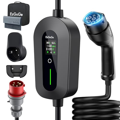 EzGoGo Mobile Wallbox 11kW Ladegerät Typ 2 (3-phasig) mit 15m Ladekabel CEE 16A auf Typ 2 | EV Ladestation mit Einstellbarer Stromstärke [6/8/10/13/16A] | Hochwertiger IP65 Schutz | Für EVs & PHEVs