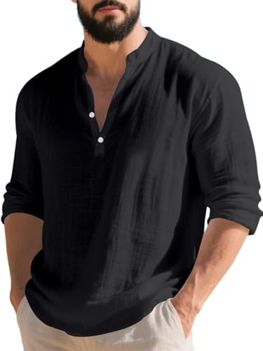 TAFLE Mens Linen Henley Shirts Casual Long Sleeve Hippie Yoga Tops Lightweight Summer Beach T-Shirt Black