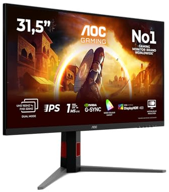AOC U32G4U 32 Zoll USB Hub Gaming Monitor, dual Mode, Fast IPS Panel, 1ms GtG, Adaptive Sync, HDR400, G-Sync Comp., Höhenverstellung,(3840x2160@160Hz; 1920x1080@320Hz HDMI 2X 2.1 DP 1x 1.4) Schwarz