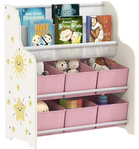 AIYAPLAY Estantería Infantil para Juguetes, con 6 Cajas Extraíbles de Tela no Tejida, Organizador de Juguetes con 2 Estantes, para Habitación Infantil, Sala de Juegos, Guardería, 63x30x71 cm, Rosa