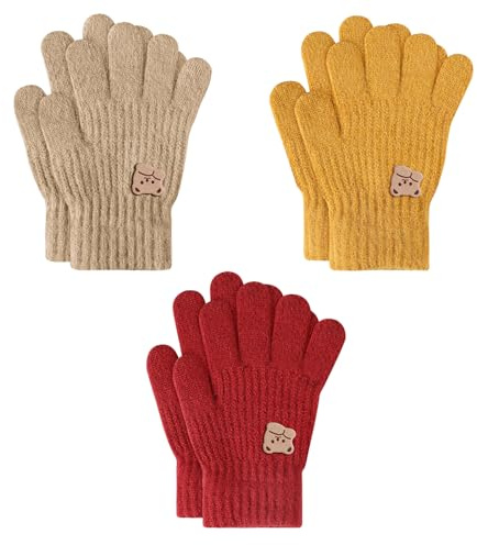 TAGVO 3 Pares de Guantes de Punto Invierno Niño de 3 a 7 Años, Guantes Termicos Guantes Mitones Niño, Guantes de Punto para Niños con Dedos Completos para correr senderismo deporte al aire libre