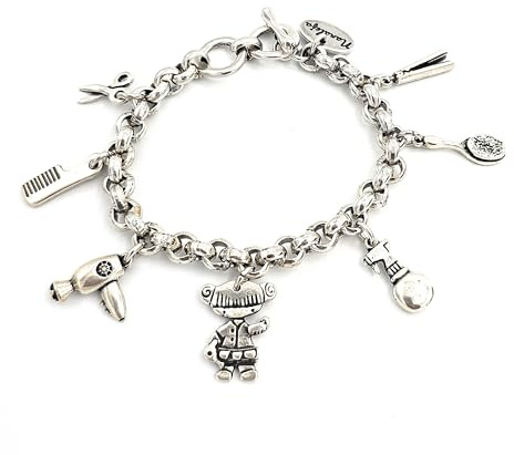 Nanaleja Pulsera Peluquera con 7 Charms de Peluquería, Pulseras Profesiones, Regalos Originales, Cierre Ajustable para Varias Medidas, Hecho en España