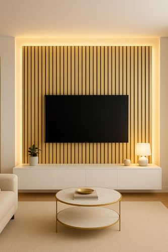 Be-Creative Set of 4 Gold Media Wall Panels 240×60 cm | Luxury Slatted Wall Panelling for TV & Feature Walls | Decorative Sound-Absorbing Panels | Modern Wall Design - 5.76 m² Coverage