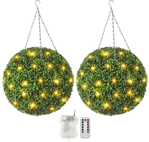 Garvee 2 Pcs 20” 4 Layers Artificial Plant Topiary Ball with Light, All-Year Green Faux Boxwood Decorative Balls for Backyard, Balcony,Garden, Wedding and Home Décor