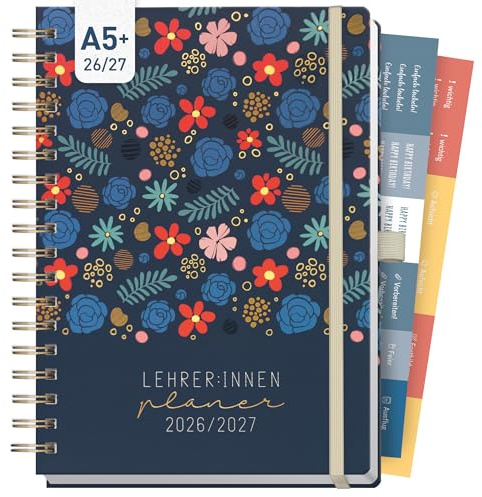 Häfft® Lehrer-Planer Deluxe 2026/2027 A5+ Flowers & Leaves | Schöner Lehrerkalender mit Spiralbindung, Schulplaner 26/27 für Grundschule, weiterführende Schulen & Referendariat