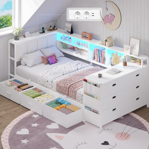 Brinlawb Polsterbett Schlafsofa, Jugendbett 90x200 cm mit 6-Schubladen-Kommode und Integrierter Schreibtisch, Tagesbett mit LED-Beleuchtung und Ladestation, Bett 90x200 cm mit Polsterkopfteil, Weiß