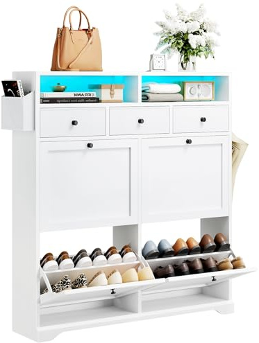 Dripex Schuhschrank schmal 96x24.5x111cm, Schuhschrank mit 4 Klappen, LED | 4 Klappen und 3 Stoffschubladen, Schuhkipper mit LED, Verstellbare Trennwände, 2 Kommode Schuhregal, 16-24 Paar Schuhe