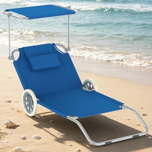Verdego Strandliege mit Rollen und Sonnendach, Sonnenliege Liegestuhl Klappbar, Gartenliege, Sitzhöhe 15 cm, Rückenlehne Verstellbar, Stahlgestell, Trolleyfunktion, bis 100 kg Belastbar, Blau