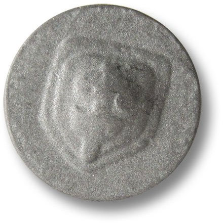 Knopfparadies - 5er Set Flache alt wirkende versilbert zinnfarbene Metallknöpfe wie aus dem Mittelalter mit gewölbten Wappen Motiv mit Abstrakter Lilie/Ø ca. 23mm