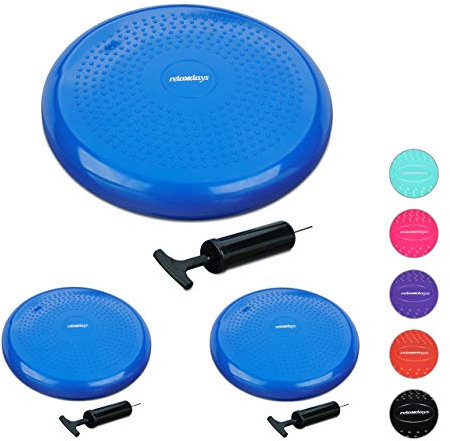 Relaxdays 3 x Balance Kissen, 140 kg Maximalgewicht, Balance Pad mit Luftpumpe, Ballsitzkissen mit Noppen, Fitness Kissen, blau