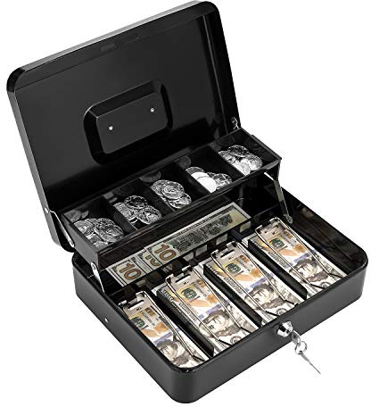 Cash Box with Lock Key and Money Tray - Large Money Box for Cash Register, Metal Lock Box for Money Safe 11.8 x 9.4 x 3.54 Black