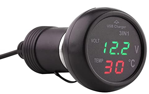 Kuuleyn Zigarettenanzünder Voltmeter, PKW 3in1 Dual Digitalanzeige Voltmeter Thermometer Zigarettenanzünder USB Autoladegerät(Grün + Rot)