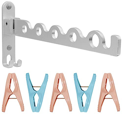 QIQN Kleiderhaken Klappbar Kleiderlüfter Wandkleiderhaken für Wohnzimmer Bad Balkon mit 5PC Clips, Silber