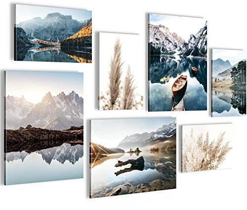 Novart Wandbilder See Berge blau - KOMPLETT AUFHÄNGFERTIG - Natur Wohnzimmer Schlafzimmer - 7 Moderne Mood-Bilder - N003671a