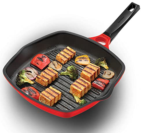 HAWKINS 30 cm Grill Pan, Non Stick Die Cast Grilling Pan, Square Grill Pan for Gas Stove, Ceramic Coated Pan, Roast Pan, Red (DCGP30)