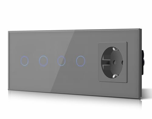 BSEED Doppelt Touch Lichtschalter 2 Fach 1 Weg Schalter mit Steckdosen, Kein Neutralleiter, KEIN-WIFI, Gehärtete Kristallplatte, Glas Touch-Panel Grau 228mm
