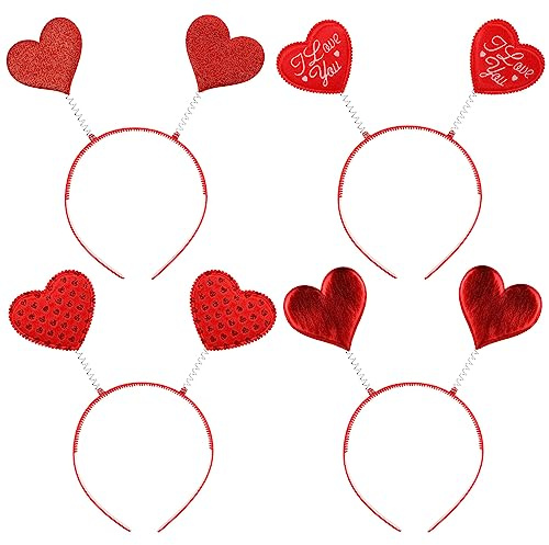 LALAFINA 4 Stück Valentinsherz-Stirnband Pailletten-Amorkopf-Boppers Rote Herz-Haarreifen Glitzer-Kopfschmuck für Frauen