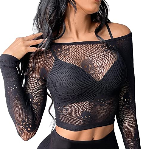 Buitifo Donne Sexy Crop Top Mesh Nightwear Skull Festival Costume Lingerie Camicie(Nero,M)
