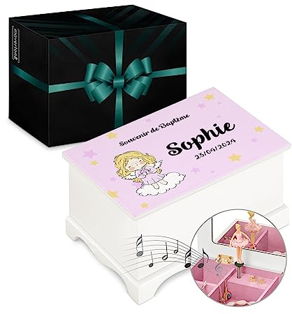 Maverton Boite a Bijoux Musicale personnalisée avec ballerine - 17x11x9 Coffret à trésors avec impression - Cadeau fille - Boite Rangement Bijoux - Cadeau Bapteme Fille - Bapteme