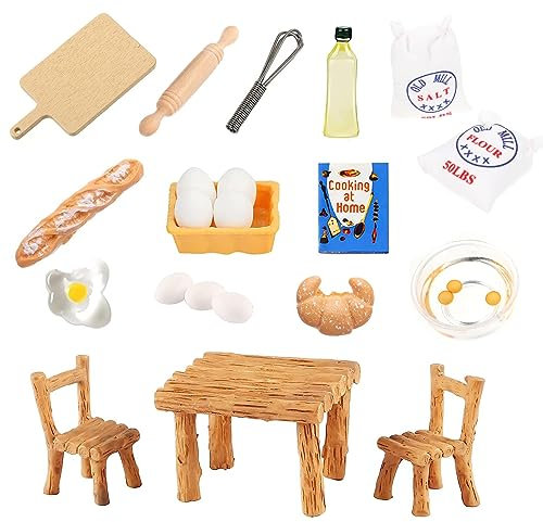 21 Stück Miniatur Wichtel Küche, Wichtel Zubehör Backen, Miniatur Puppenhaus Zubehör, Miniatur Tisch Stuhl Nudelholz Eier Mehlbeutel, für DIY Küchen-Backset Dekor