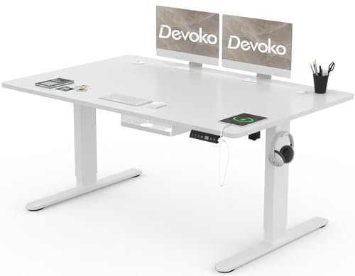 Devoko Höhenverstellbarer Schreibtisch 140x80cm mit Typ-C Ladeanschluss, Schreibtisch Höhenverstellbar Elektrisch, Mobiler Elektrisch Computertisch mit Kabel Management Tray, Weiß