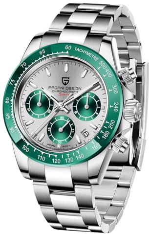 Pagani Design Herren Quarzuhr mit einfachem Chronographencode, wasserdicht, Keramik und Edelstahl（Grün G）