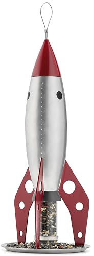 Good Directions Hanging Rocketship Bird Feeder for Outside Backyard, Outdoor, Patio, Garden, Birdbath, Bird Seed Feeder Gift for Bird Lovers Watchers, Rocket Ship Stainless Steel Metal, Red