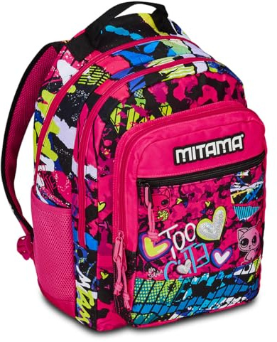 Mitama Zaino Triplo Scomparto Too Cute con Tasca frontale, Rosa e Nero, Scuola Elementare e Tempo Libero, Bambina Ragazza