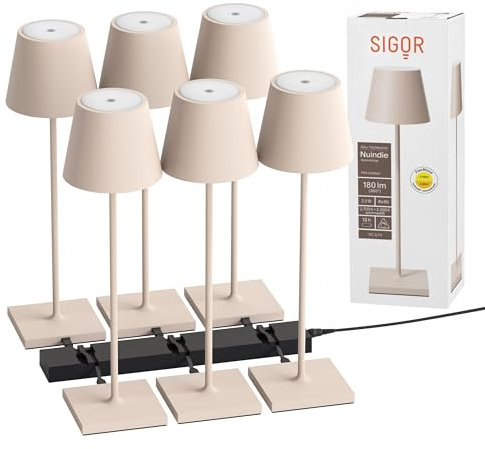 SIGOR Nuindie 2.0 Akku-Tischlampe, 6er-Set mit Ladestation, dünenbeige