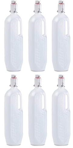 Acan Tradineur - Confezione da 6 bottiglie di plastica con manico, disponibile tappo a pressione e manico, realizzato in plastica (PP) - 30 x 6,5 x 7,5 cm - 1 litro